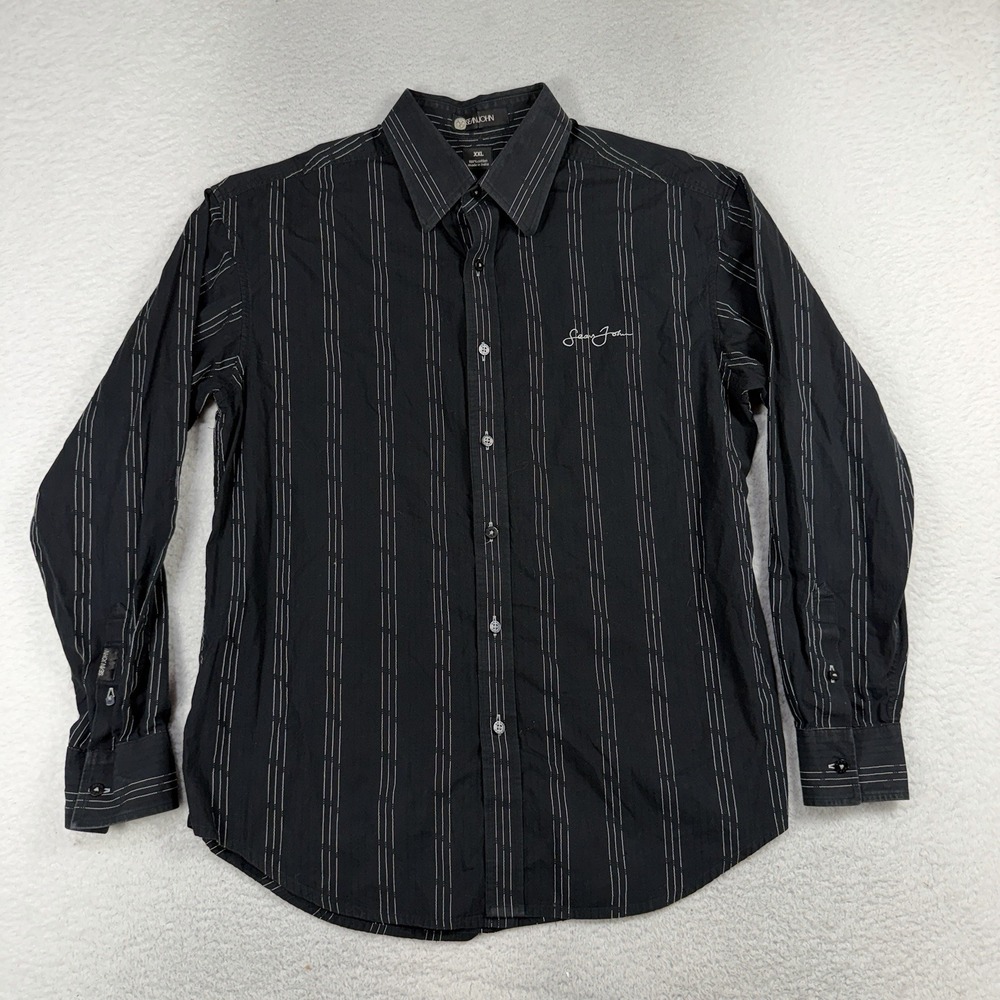 Sean John Mens XXL Button Down Shirt Black Stripe Y2K Long Sleeve Rockabilly